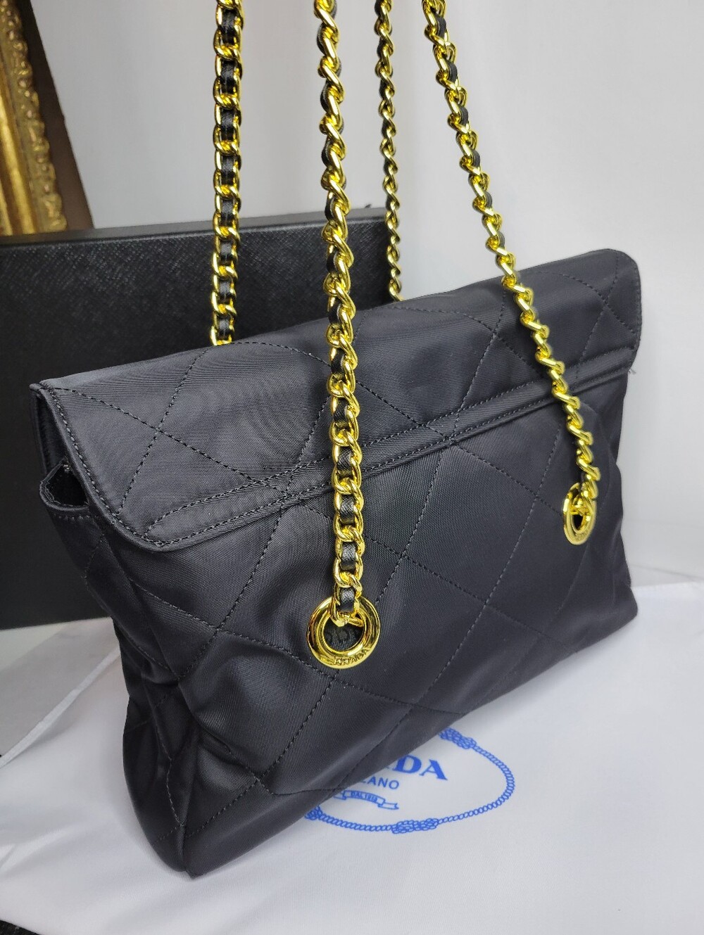 GWP Prada Black Quilted Tessuto Nylon Chain Bag 9"x8", New In Box - Picture 5 of 15